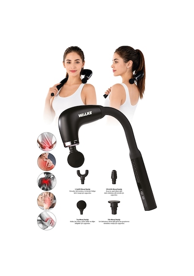 Walke Reach Pro Şarjlı Uzun Saplı Masaj Tabancası 4 Başlıklı Derin Doku Masaj Aleti V-02 Siyah