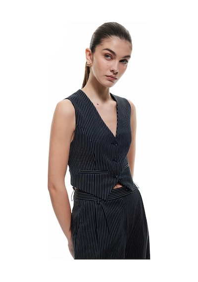 Koton Slim Fit V Yaka Kolsuz Düğmeli Takım Yeleği Lacivert Çizgili 5sak20015ew Lacivert Çizgili Lacivert