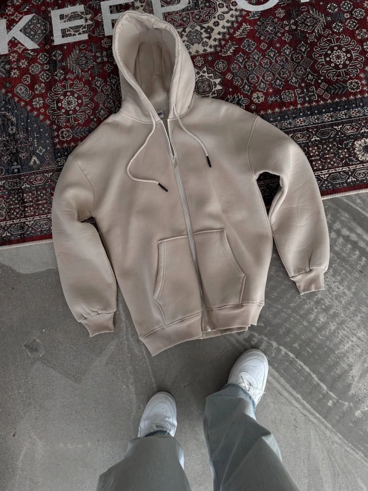 Dogutrend Oversize Tam Fermuarlı Uzun Kol Hırka - Bej