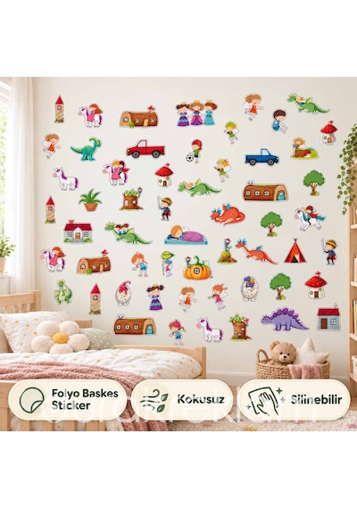 Masal Dünyası Çocuk Odası Duvar Sticker Seti Prenses, Unicorn Ve Ejderha Figürlü, Kokusuz, Silinebilir Folyo Baskes Çok Renkli