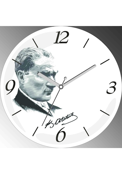 Atatürk Silüet İmza Zemin Beyaz Çap 30cm Sessiz Akar Bombeli Gerçek Cam Duvar Saati Beyaz