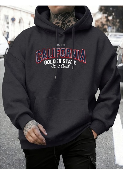 Startmore Tarzsokak California Golden State Desenli Sonbahar Temel Ürünleri Kapüşonlu Üst Erkek Rahat Polar Tişör Antrasit