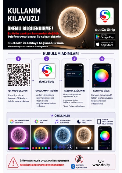 Koyu Ceviz Renk Ahşap Çerçeveli Ay Tablo, Rgb Led Işıklı Bluetooth Kontrollü Duvar Dekoru