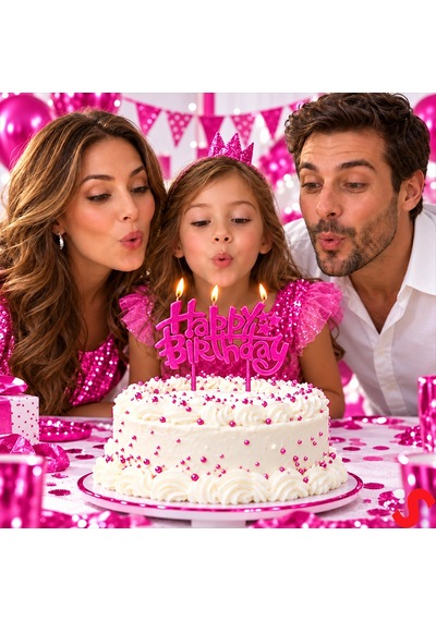Happy Birthday Doğum Günü Pasta Mumu, 11 Cm - Fuşya