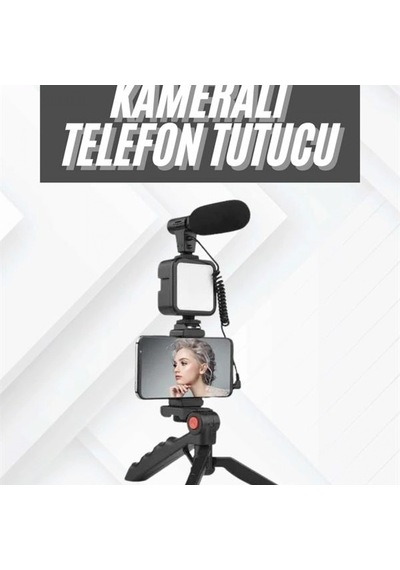 Telefon Tutucu Led Işıklı Mikrofonlu Video Kayıt Kiti Mini Tripodlu