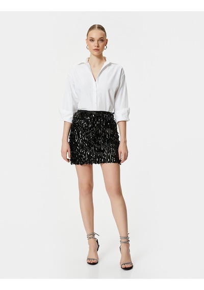 Koton Pullu Payetli Mini Etek Astarlı Standart Bel Slim Fit Siyah 4sak70013fk Siyah
