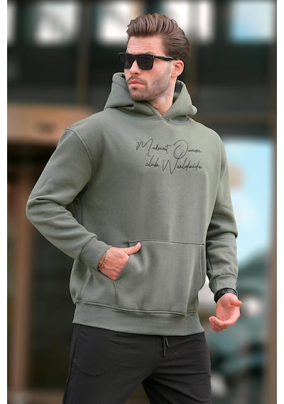 Madmext Haki Kapüşonlu Cep Detaylı Baskılı Erkek Sweatshirt 7064-haki Haki