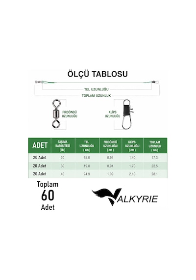 Valkyrie 60 Adet Çelik Fishing Leader Seti Paslanmaz Çelik Olta Halatı Lider Teli 3 Boy Karışık