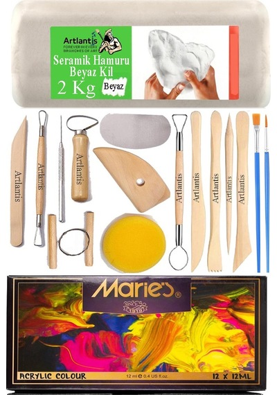 Beyaz Seramik Hamuru 2 Kg Seramik Başlangıç Seti Ebeşuar Modelleme Maries 12 Renk Akrilik Boya Fırça Heykel