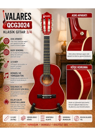 Valares Qcg3024 Kırmızı Klasik Gitar 3/4 Başlangıç & Orta Seviye Yumuşak Tını.kılıf Pena Hediye