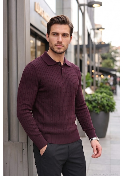 Buratti Örgü Desenli Pamuklu Düğmeli Uzun Kollu Polo Erkek Polo 7020353 Bordo Buratti Örgü Desenli Pamuklu Düğmeli Uzun Kollu Polo Erkek Polo 7020353 Bordo