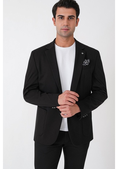 Comfort Fit Çift Yırtmaç Torba Cep Metal Düğmeli Siyah-1 Blazer Ceket C 734 Siyah -1