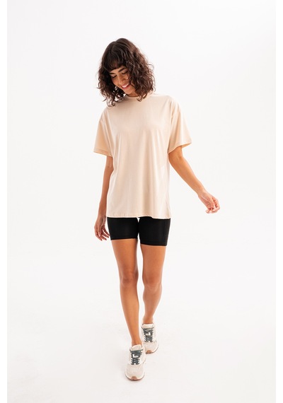 Justever 100% Pamuk Oversize Fit Bisiklet Yaka Bej Kadın T-shirt - Halo Bej