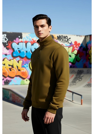 Benerly Erkek Dik Yaka Fermuarlı Standart Kol Regular Kalıp Sweatshirt Fo Yeşil