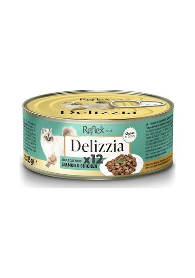 Delizzia Sos İçinde Parça Etli Somonlu Ve Tavuklu Yetişkin Kedi Maması 12 X 85 Gr.
