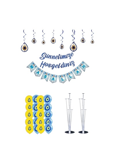 Sünnetimize Hoşgeldiniz Ve Maşallah Banner, Tavan Süs Ve 2 Balon Standı Ve 20 Sarı Mavi Balon Mavi