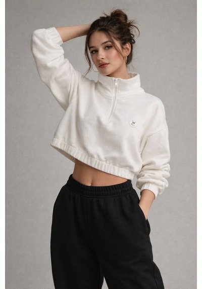 Kadın Ekru Crop Sweatshirt Scuba Kumaşı Beyaz