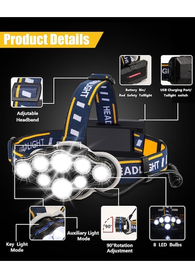 Şarj Edilebilir Kafa Lambası, 8 Led Kafa Lambası El Feneri 18000 Lümen 8 Modlu Beyaz Kırmızı Işıklı Usb Kablos Genel