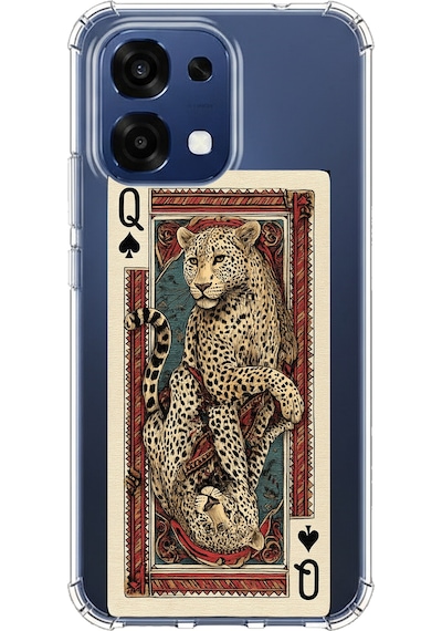 Oppo A6 Pro Uyumlu İskambil Kağıdı Tasarımlı Leopar Portre Baskılı Silikon Kılıf Renkli