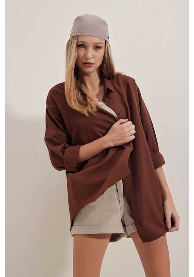 Bigdart Oversize Uzun Basic Kahverengi Kadın Gömlek 3900 Kahverengi