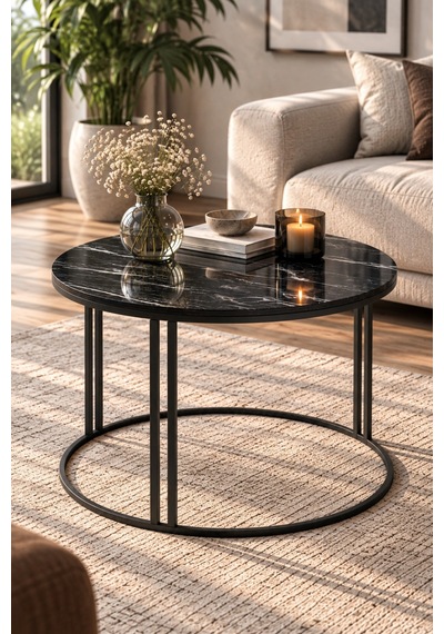 Sulorahome Siyah Orta Sehpa 70 Cm Çapında Yuvarlak Salon Sehpası