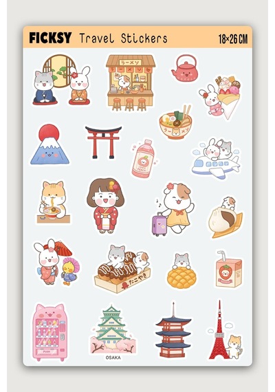 Kawaii Stili Sevimli Hayvanlar Japonya Seyahat Temalı Sticker Seti - 21 Adet Etiket Çıkartma Diğer