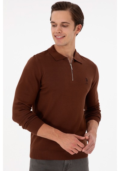 U.S. Polo Assn. Erkek Slim Fit Yarım Fermuarlı Kahverengi Basic Kazak 50297066-VR158