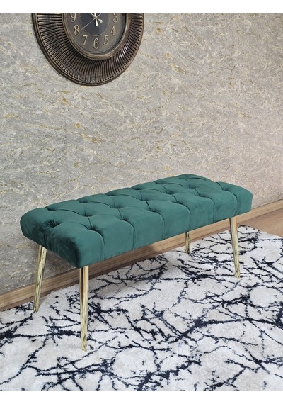 Zafir Gold Kaplama Sivriltme Ayaklı 90 Cm Puf Bench - Puf - Bench - Kasalı Oturak - Oturak - Yatak Ucu Puf Yeşil