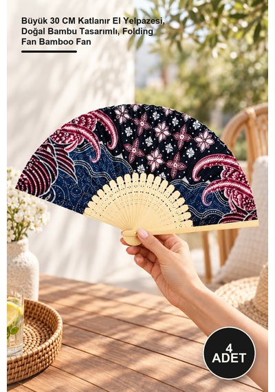 4 Adet Bambu Yelpaze Büyük 30 Cm Katlanır El Yelpazesi, Doğal Bambu Tasarımlı, Folding Fan Bamboo Fan
