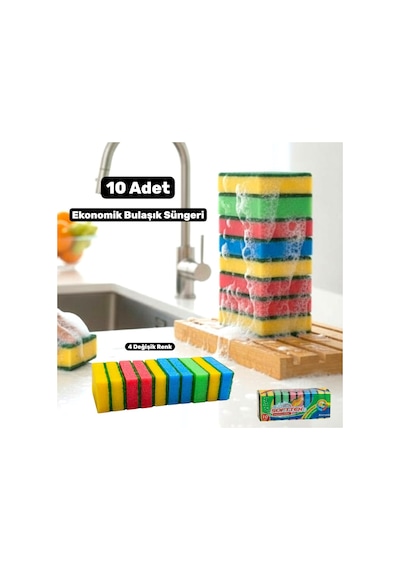 Technow Klasik 9 X 6 Cm 4 Renkli Düz Bulaşık Süngeri 10 Adet