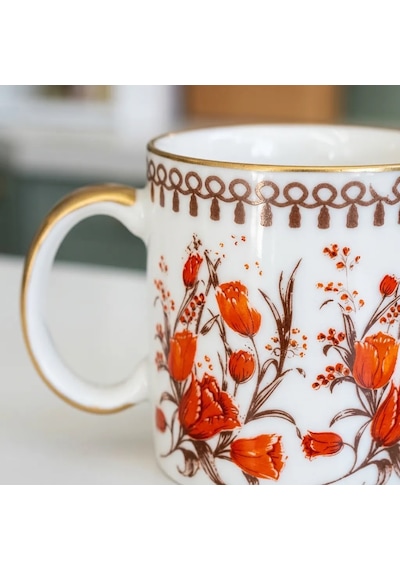 400 Ml Nostalji Çiçek Desenli Kupa 1 Adet Beyaz - Altın
