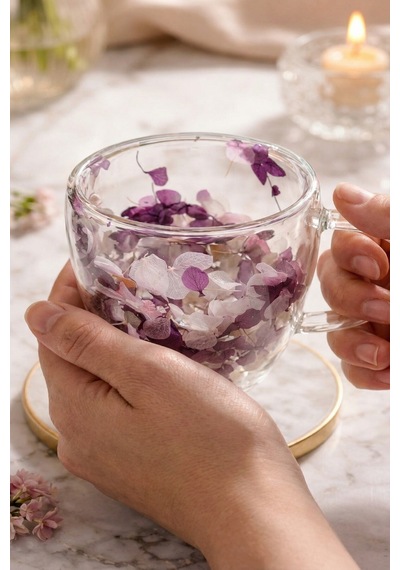Makri Home Mor Beyaz Çiçekli Çift Cidarlı Cam Kupa, 350 Ml, 11 Cm X 8 Cm Çok Renkli