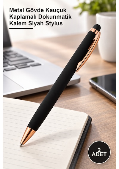 2 Adet Tükenmez Kalem Rubber Touchpen Metal Gövde Kauçuk Kaplamalı Dokunmatik Kalem Siyah Stylus 1