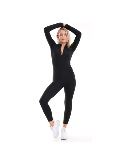 Winmoda34 Kadın Tulum Tayt Spor Dalgıç Fermuarlı Body Siyah