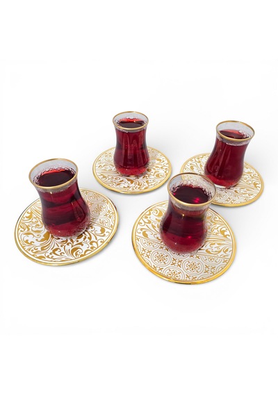 Sudedi Home Gold Yaldızlı Çay Bardağı Seti 4 Kişilik Porselen Tabaklı Hediyeli Çok Renkli