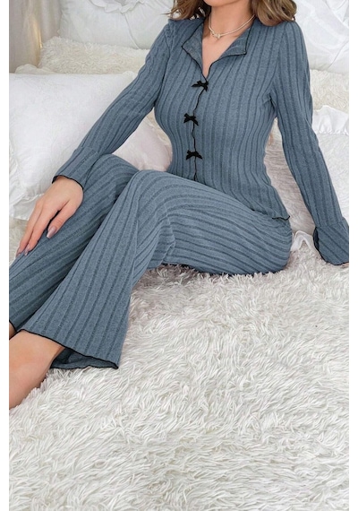 Bella Notte Mavi Uzun Kollu Fiyonk Detaylı Pijama Takımı