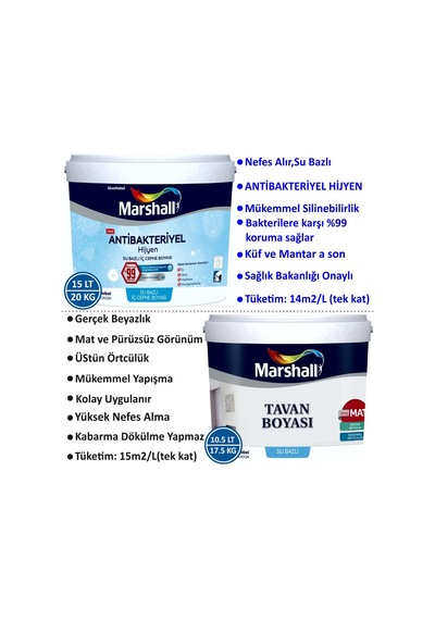 Marshall Antibakteriyel Hijyen Iç Cephe Boyası 15Lt=20Kg+Marshall (278612850)