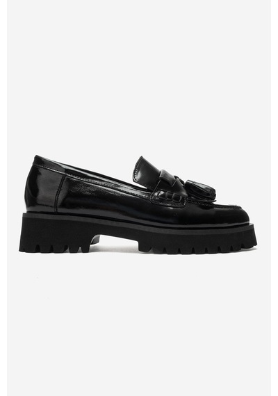 Luvi Shoes Poen Siyah Rugan Hakiki Deri Püsküllü Kadın Loafer Ayakkabı
