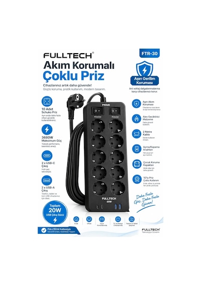 Akım Korumalı 10'lu Çoklu Priz 3680w 20w Hızlı Şarj 2 Usb-c 2 Usb-a 2 Metre Kablolu Ftr-30 2 M