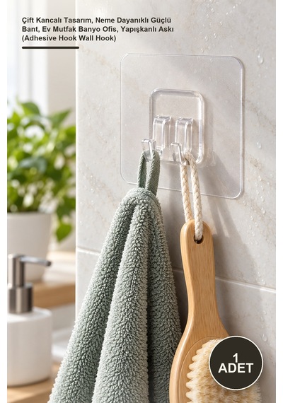 1 Adet Şeffaf Yapışkanlı Duvar Askısı Çift Kancalı Tasarım, Neme Dayanıklı Güçlü Bant, Ev Mutfak Banyo Ofis, Yapışkanlı Askı Adhesive Hook Wall Hook