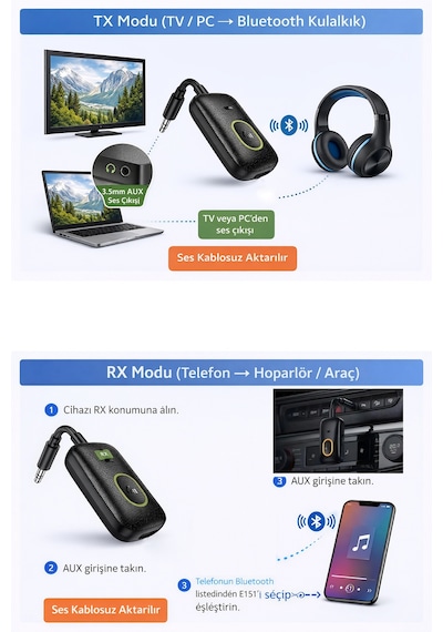 Exenar - Siyah - Aux Bluetooth Ses Adaptörü İki Yönlü Rx/tx Alıcı Verici Araç Tv Televizyon Pc Bilgisayar 3.5mm Jack