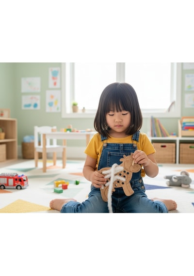 Montessori Ahşap İp Geçirme İnek Oyuncağı İnce Beceri Geliştirici Bağlama Ve Düğüm Atma Koordinasyon