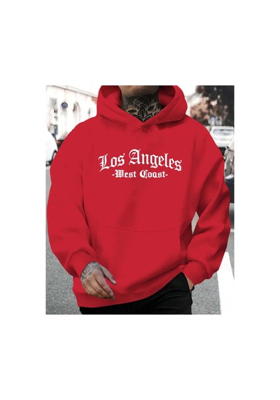 Blackjack Giyim Losangeles Baskılı Kapüşonlu Sweatshirt Kırmızı