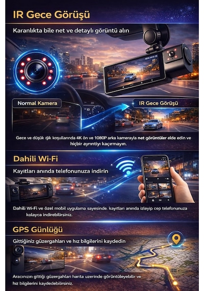 K17 4k Araç Kamerası Ön-arka Çift Lens Wifi Gps Dash Cam Gece Net Kayıt Araç İçi Güvenlik Kamerası
