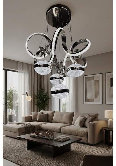 Kıvrım 4 Top Simli Modern Sarkıt Salon - Oturma Odası Led Avize Çok Renkli