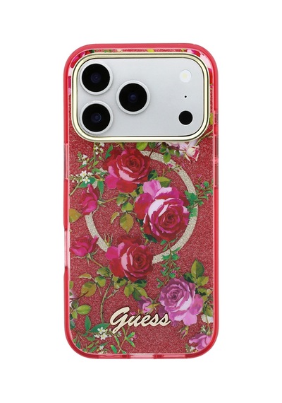 Apple iPhone Uyumlu 18 Pro Kılıf Guess Lisanslı M-safe Şarj Özellikli Gül Desenli Simli Yazı Logolu Kapak Bordo