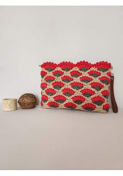 Fikriharika Design Karanfil Desenli, Suni Deri Astarlı, Rafya Clutch Çanta Bej - Çok Renkli