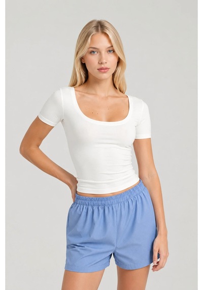 Cloudymood Kadın Ultra Soft Oval Yaka Kısa Kol Bluz Ekru - 894334576 Ekru