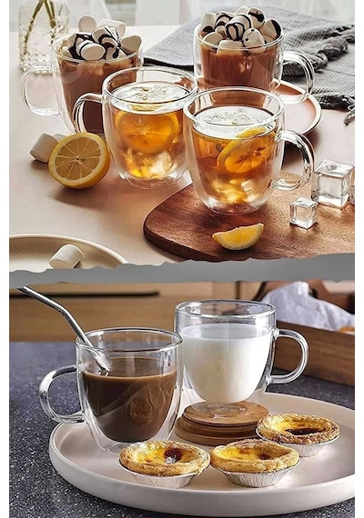 6'lı Çift Camlı 350 Ml Çift Cidarlı Cam Kupa Ev Ofis Fincanı Çift Katlı Isı Yalıtımlı Kulplu Bardak