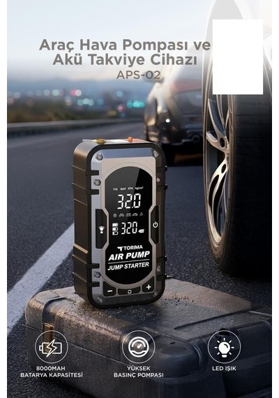 Araç Hava Kompresörü Akü Takviyeli Powerbank Dijital Ekranlı Işıklı Taşınabilir Kompresör Aps02